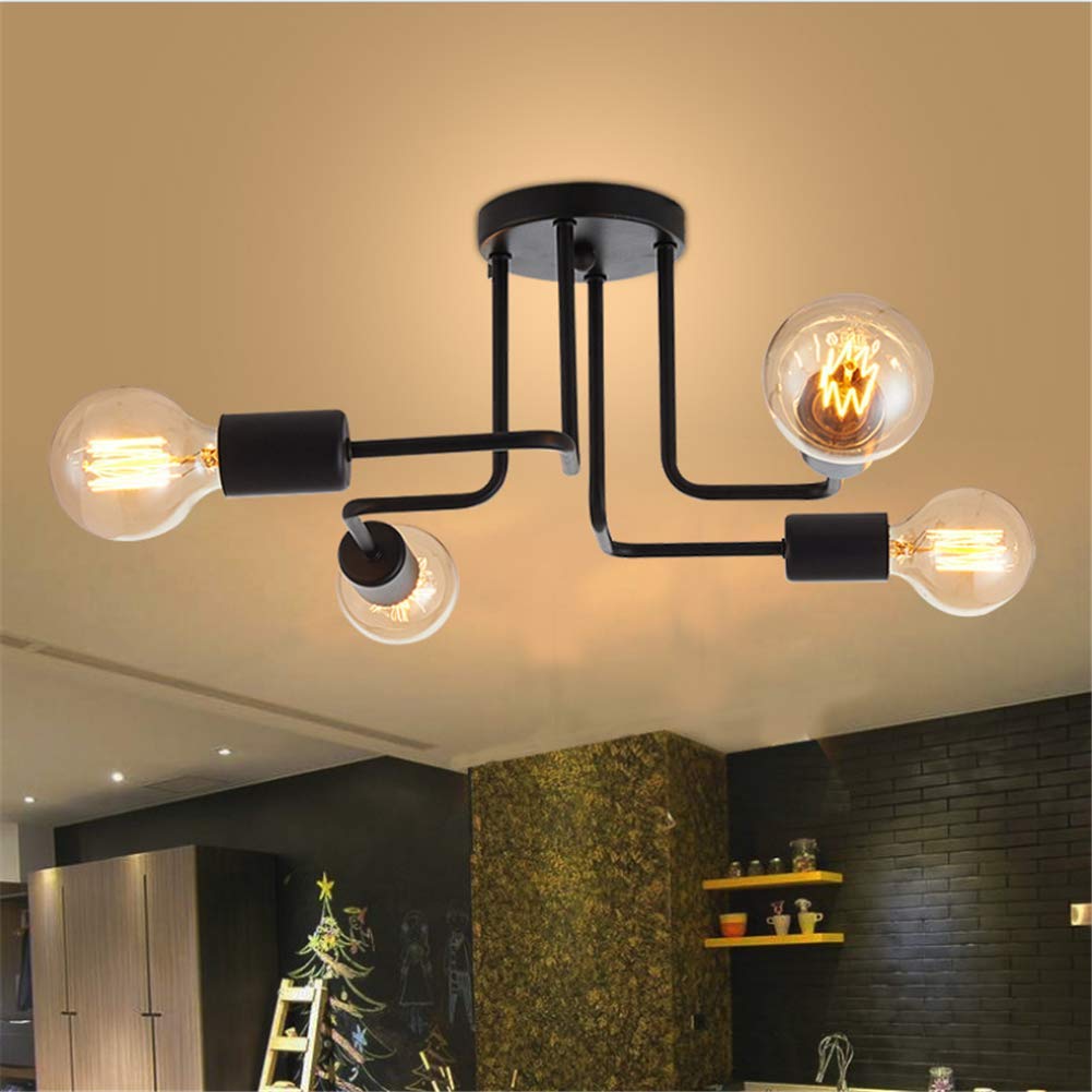 Vintage plafondlamp industriële vintage lamp retro kroonluchter hanglamp zwarte plafondlamp spin lamp met 4/6/8 vlammen voor salon, keuken, eetkamer, studeerkamer, slaapkamer (four heads