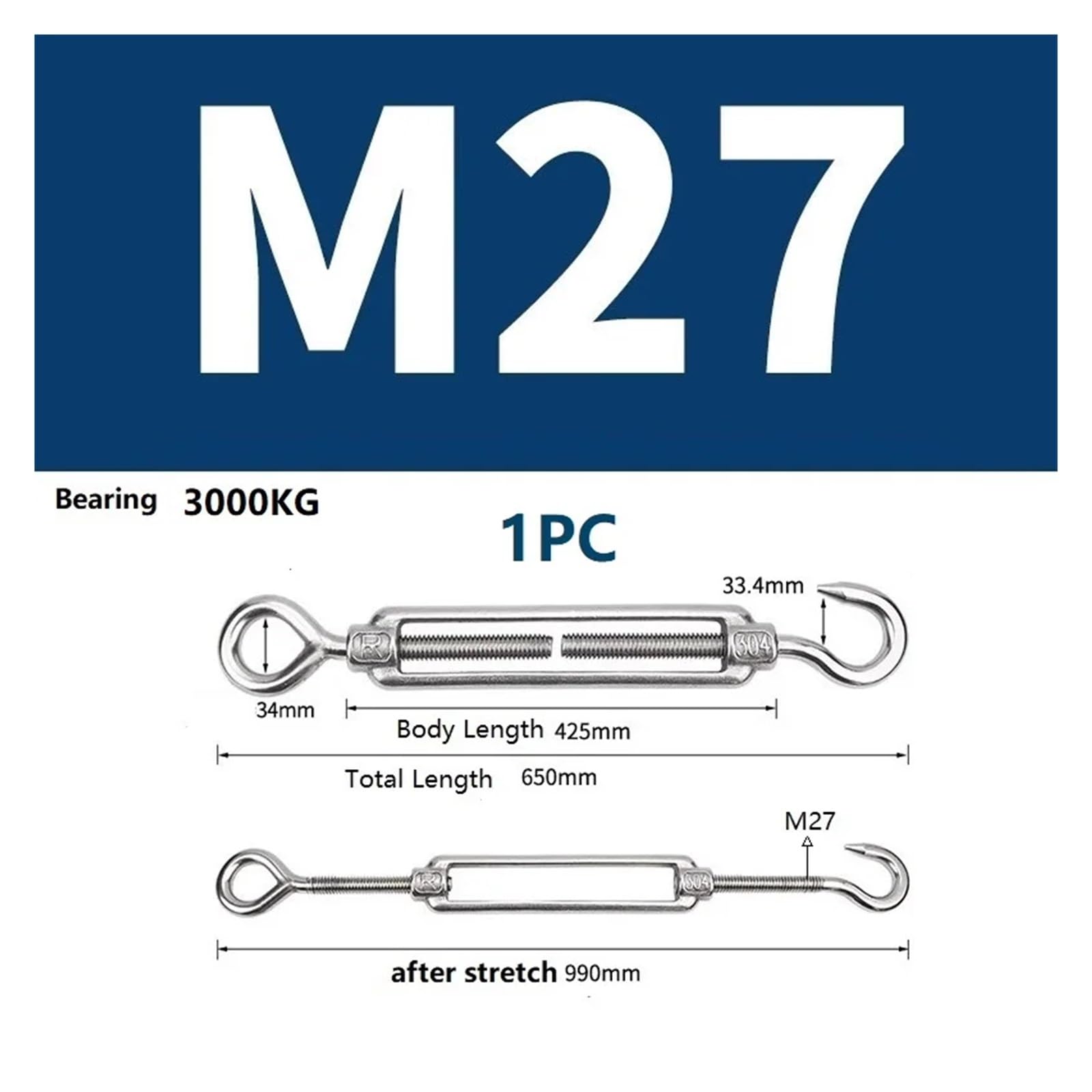 304 Edelstahl Spannschlösser Haken und Ösenschrauben Typ OC Typ Rigging Sailling Drahtseil Spannvorrichtung(M27 1PC)