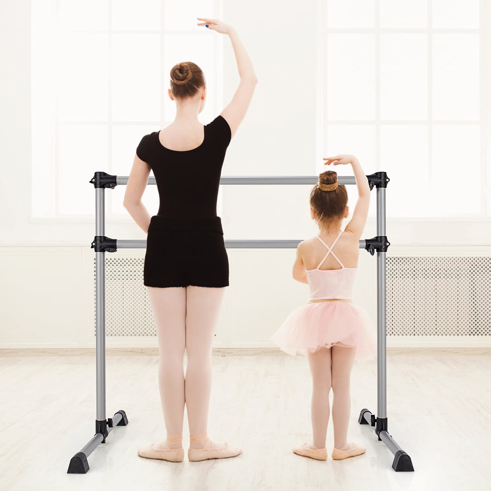 COSTWAY 120 cm Ballet Barre, Verstelbare Vrijstaande Dubbele Dansstang Stretch Barre, Draagbare Fitness Turnhallenstang voor Professionele Dans- en Bewegingstraining (Zilver