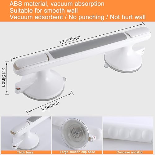 Miniatura 4 de Paquete de 2 manijas de ducha de 13 pulgadas para bañeras, barra de agarre de ducha con succión con indicadores, instalación sin herramientas,