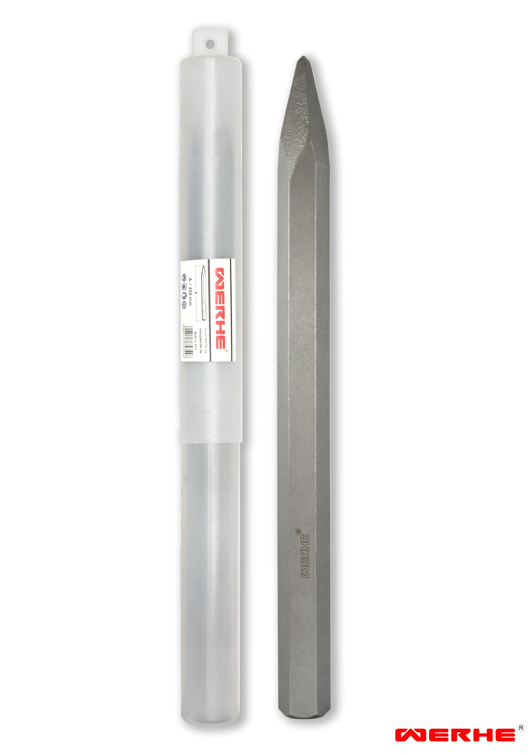 WERHE Scalpello a punta 28x400mm – Acciaio robusto per martello demolitore – Attacco esagonale HEX28 – Compatibile con i modelli più comuni – Qualità professionale per calcestruzzo e muratura