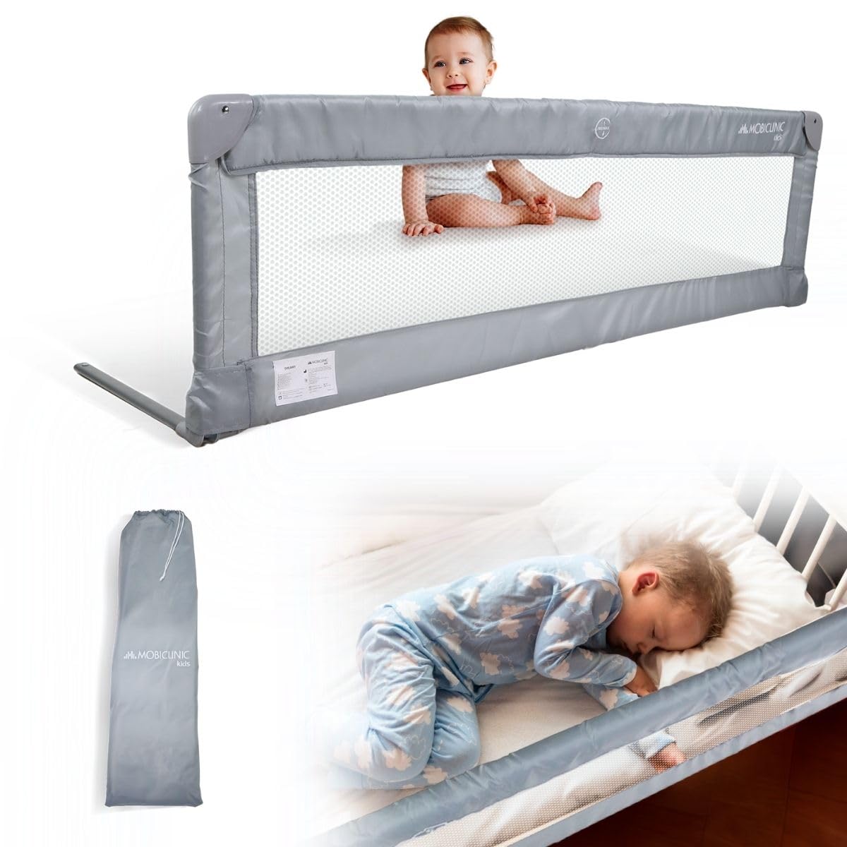 Mobiclinic®, Sponda da letto pieghevole, Dreamy, Fissaggio sotto materasso, Borsa per il trasporto, Barriera sicura e protettiva, Bambini 18 mesi a 5 anni, 150 cm