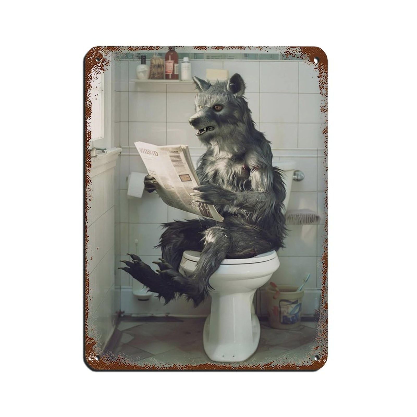 Werewolf Sitting on The Toilet Reading A Newspaper (4) Tin Sign Vintage Metal Pub Club Cafe Bar Home Wall Art Decoration Poster Retro 12x16inch(30x40cm)