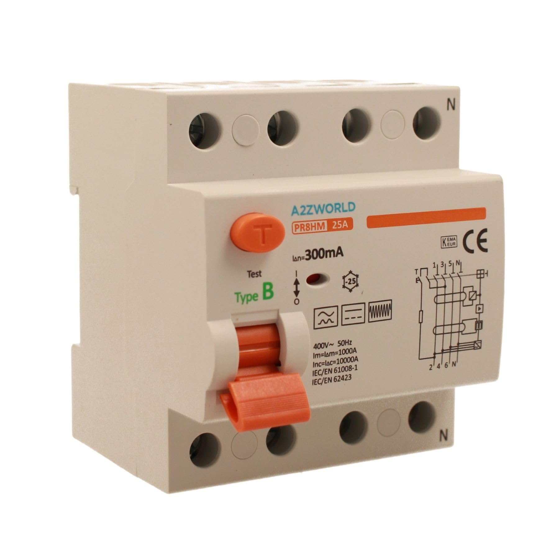 Interruptor diferencial puro tipo B trifásico, salvavidas 300 mA 25 A, RCCB 3P + N 10 kA 380 V, 4 módulos DIN, serie PR8HM electromagnética, certificado IEC61008-1