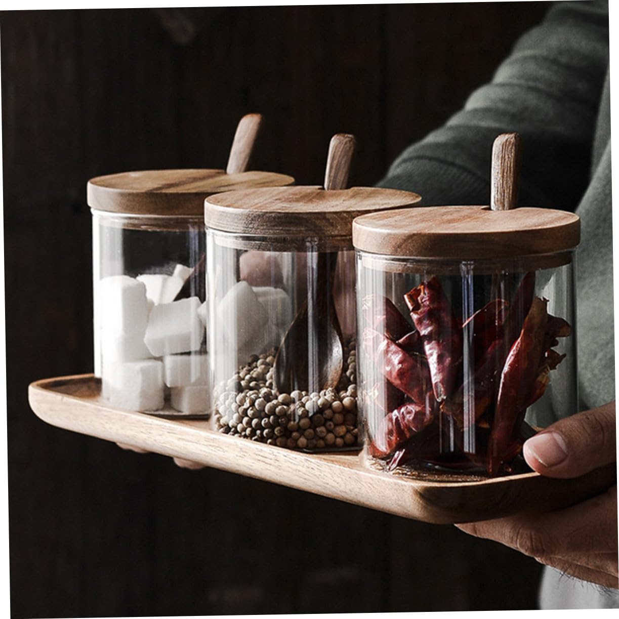 NOLITOY Glas Gewürzbehälter Satz Mit Holzdeckel Und Löffel Klares Vorratsglas Für Salz Pfeffer Zucker Multifunktionaler Gewürzaufbewahrungshalter Für Haushalt Und Küche