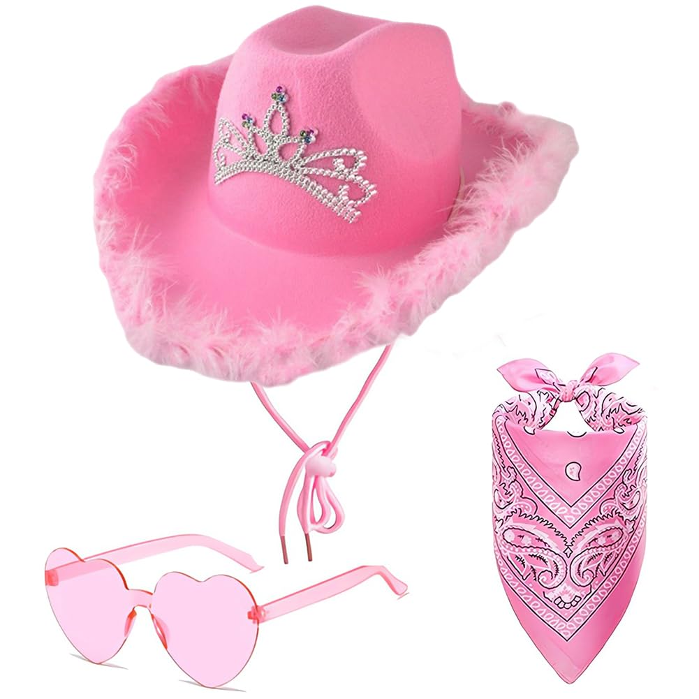 Sombrero de Vaquero Rosa 3PCS Western Cowboy Hat Rosa Vaquero Disfraz Mujer con Bandana,Gafas de Corazones Rosa Sombrero Retro con Corona de Tiara,Sombrero de Vaquera para Halloween Carnaval Cosplay