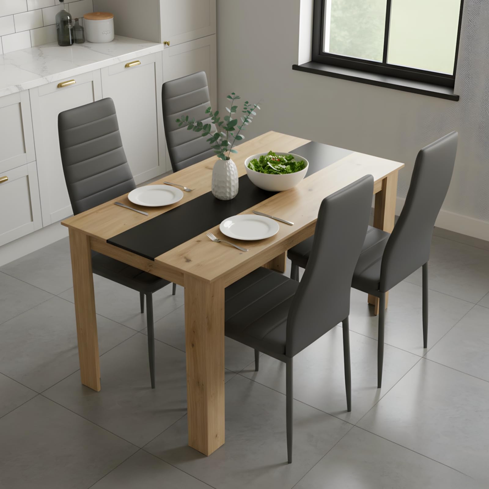 Ensemble Table à Manger Rectangulaire 110 cm avec 4 Chaises, Similicuir Gris, pour Petit Espace Cuisine Salle à Manger et Salon (Chêne + Gris)