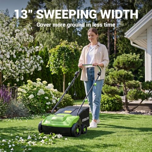 Image of STEELITE 13 inch Artificial Turf Sweeper, 10 Amp Lawn Sweeper with 1200W Motor Power, Support 4-Position Depth Adjustment with 40L Removable Collection Bag, Quick-Fold for Artificial Grass Turf