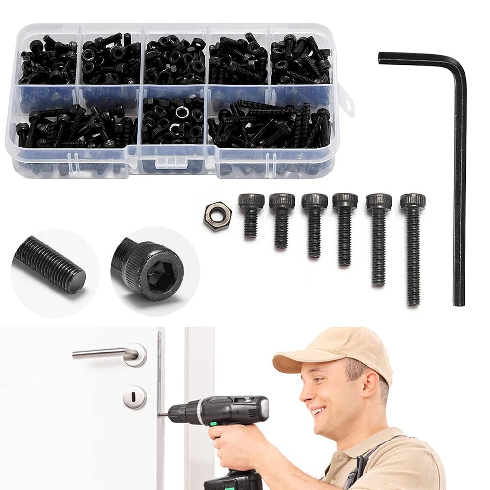 GoodernNuts and Bolts Assorted Set,304 Stainless Steel Hex Socket Head Cap Screws Bolts and Nuts Kit with Box,Screw Thread Fastener Machine Hex Bolts,Includes Most Common Sizes-Black 400Pcs