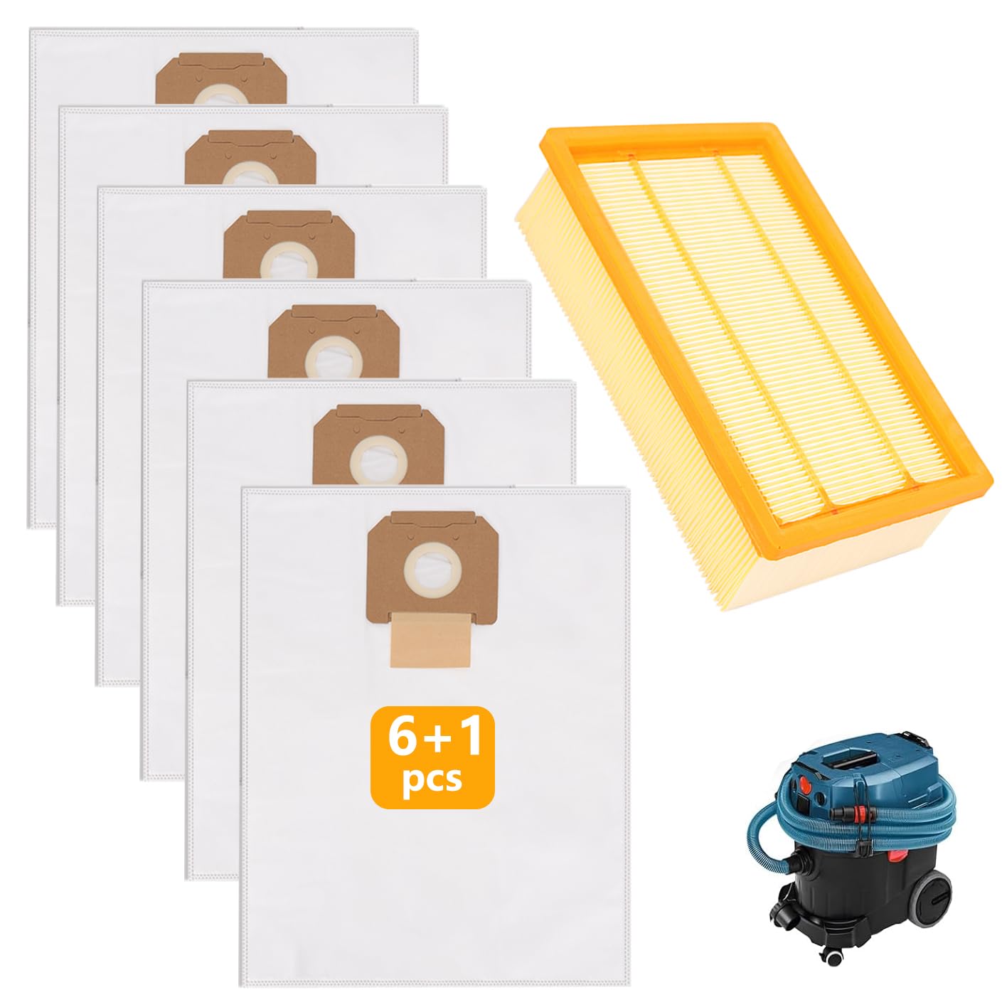 Sgizoku 6 Dust Bags with 1Flat Pleated Filter for Bosch GAS 35 L AFC/L SFC+/M AFC Dust Extractors,GAS 35 Vacuum Cleaner Bags for Bosch Replacement Fleece Filter Bag