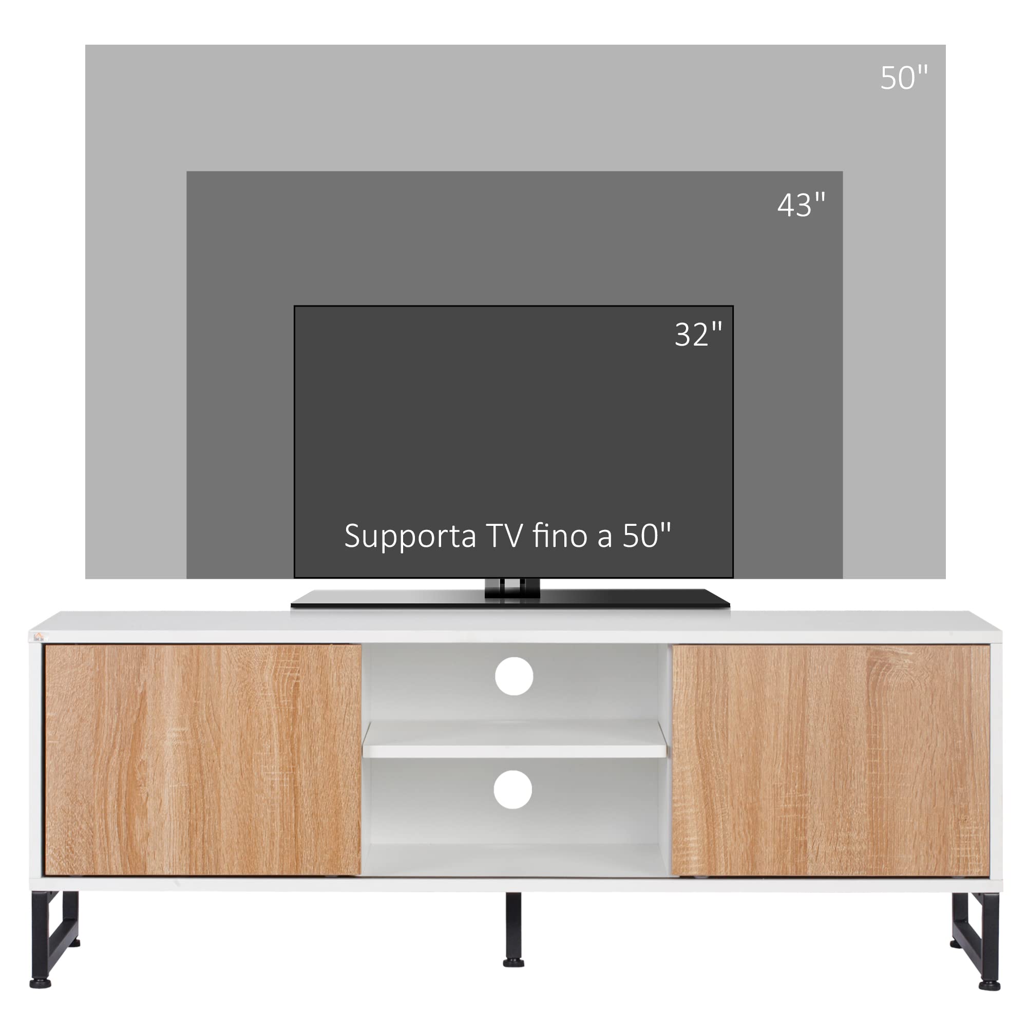 HOMCOM Mobile TV per Modelli fino a 50" max, Mobile TV Moderno in Truciolato e Acciaio con 2 Ripiani Aperti e 2 Armadietti Chiusi, 120x39.5x45 cm