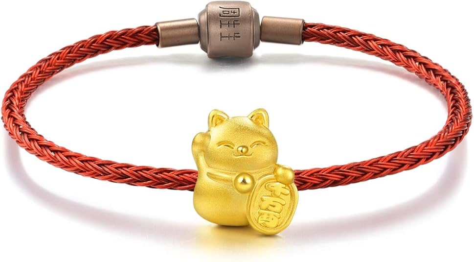CHOW SANG SANG 999 24K Gold Charme Maneki Neko Lucky Cat Charm Bracelet for Women 89164C (Maneki Neko Lucky Cat, 6.6 Inches, (17 CM))