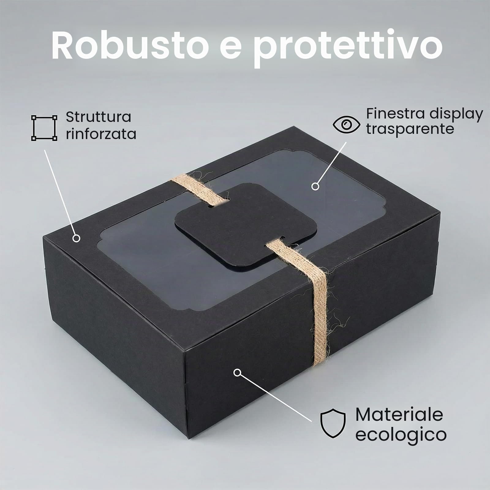 12 Pezzi Scatole per Biscotti, Scatola per Torte, Scatole per Dolci,Rettangolari, Finestre Trasparenti, con 12 Carte di Carta e un Rotolo di Spago, per Crostate, Torte, Pasticcini (Nero)