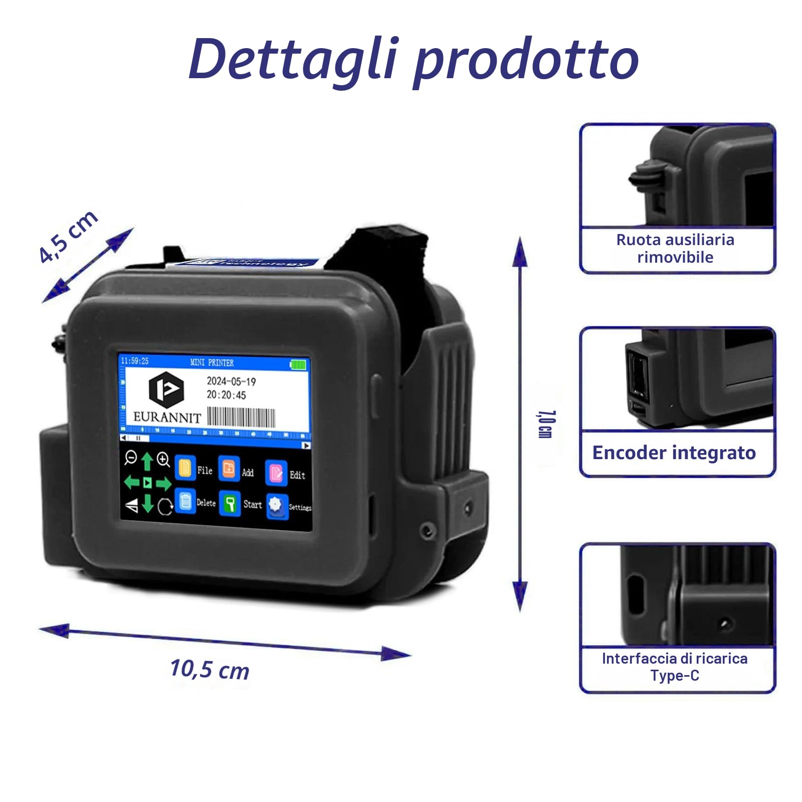 Stampante Palmare Portatile XMINI 12,7 mm, Mini stampante a Getto d'inchiostro per Codifica di Testi, Codici QR, Numeri di Lotto, Loghi, Date - Inchiostro ad Asciugatura Rapida 42 ml