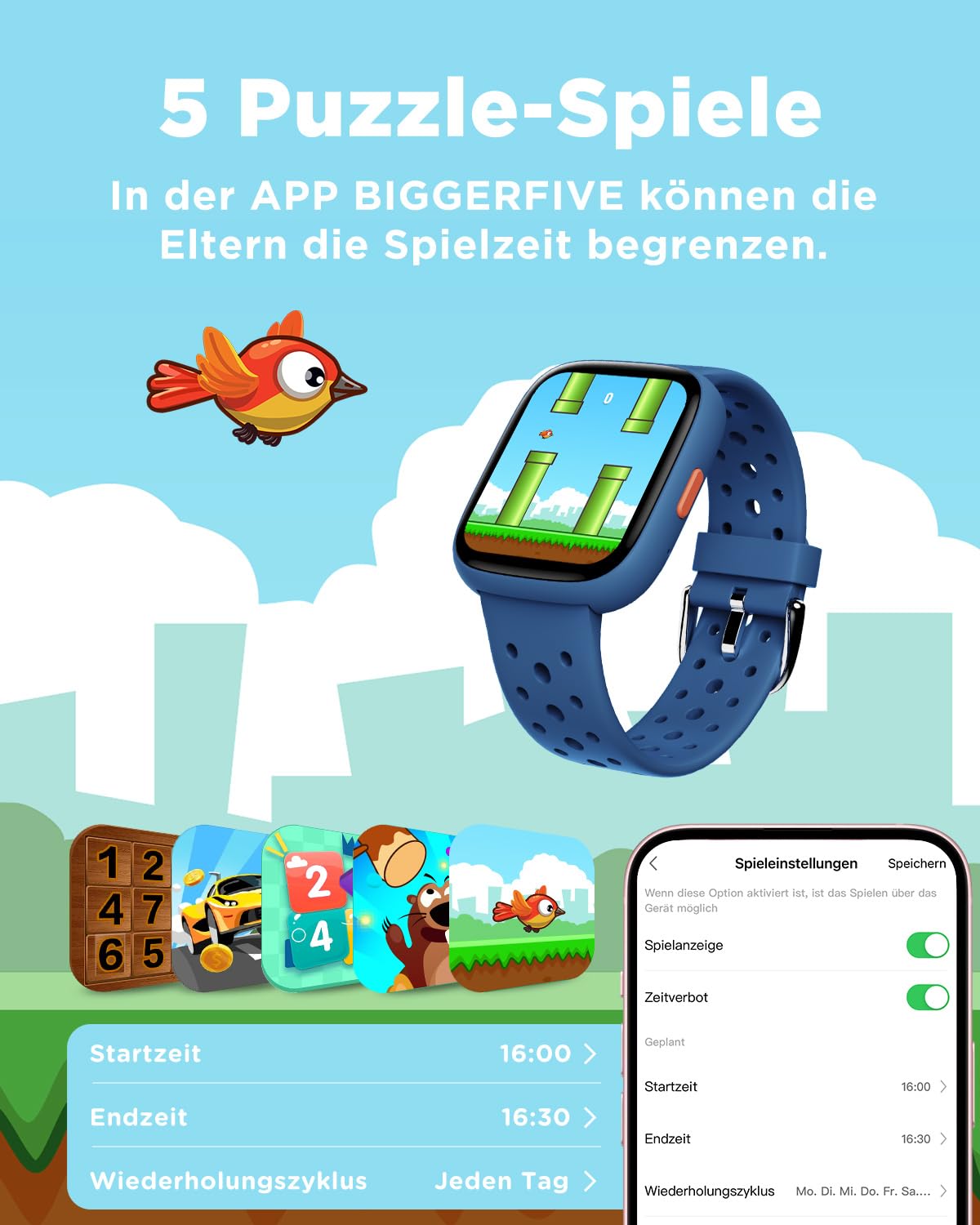 BIGGERFIVE Smartwatch Kinder, 1,8" Fitness Uhr Schrittzähler, 24/7 Puls, Schlafmonitor, Vibrationsalarm, IP68 Wasserdicht, Puzzlespiele mit/ohne App, für Mädchen Jungen Teens 5–16, Blau