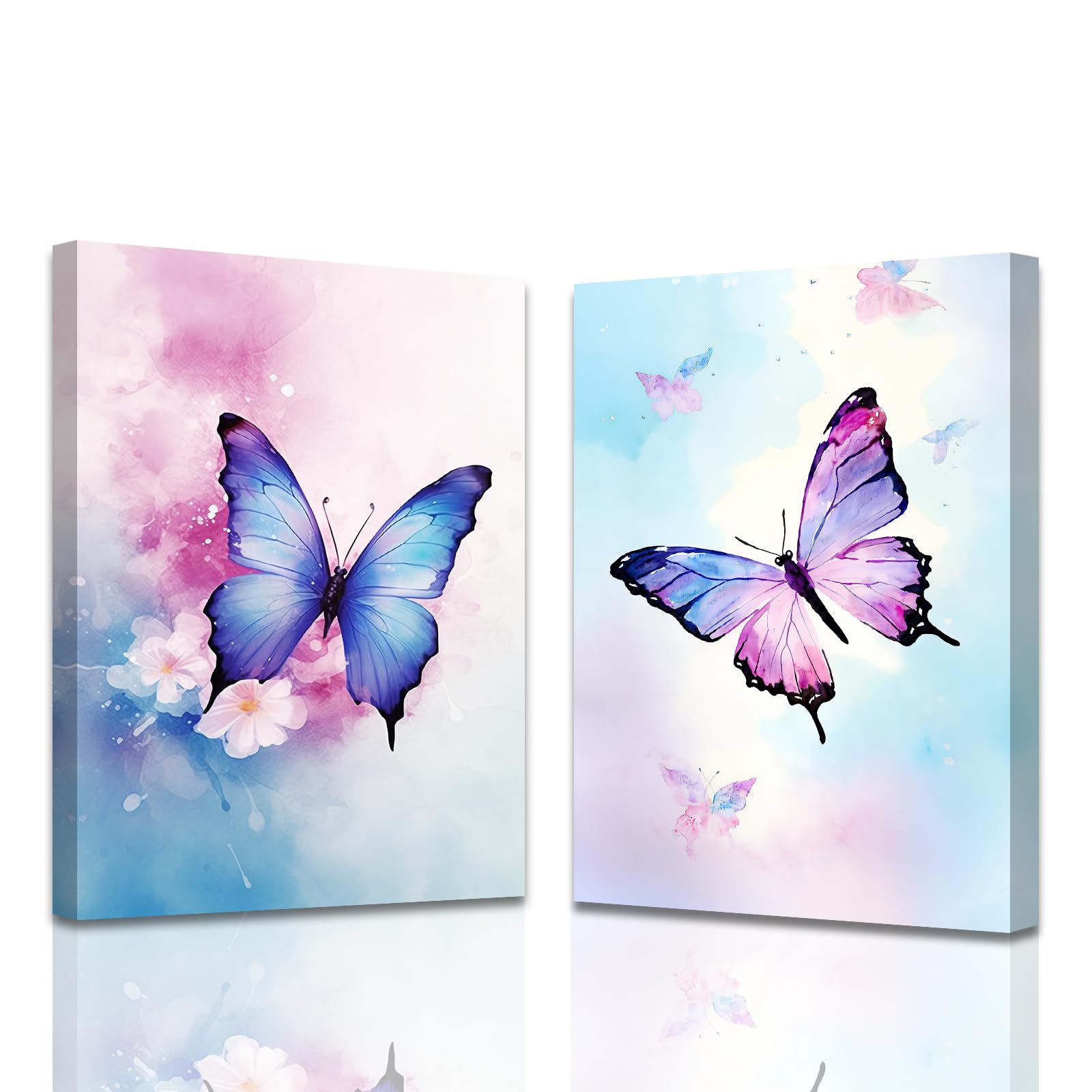 ZXHYWYM Purple Butterfly Wall Art 2 Pieces Watercolor Purple Butterflies Flying Canvas Prints Abstract Insect Paintings Purple Room Decor for Girls Framed (White, (60x90cmx2 Pieces))