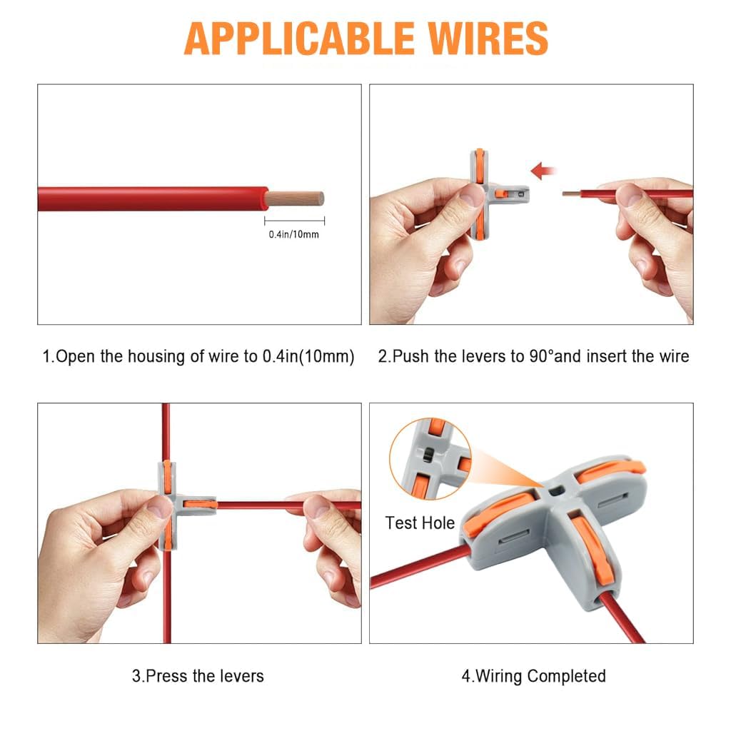 Appster 5pcs Wire Connectors T-Shape 3 Way Wire Conductor Quick Cable Splitter Electrical Push-in Terminal Block Compact Lever Nut Cable Connector Universal Wiring for AWG 28-12 Cables 4