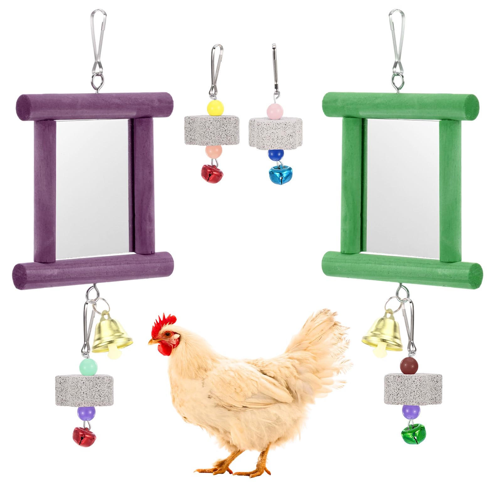 M METERXITY 1-Set Chicken Chewing Toy, 2 Chicken Mirror Toys with 4 Beak Grinding Volcanic Stones for Roosters/Hens/Parrot/Rat Hamster/Bunny/Birds [Purple/Green] — image 1