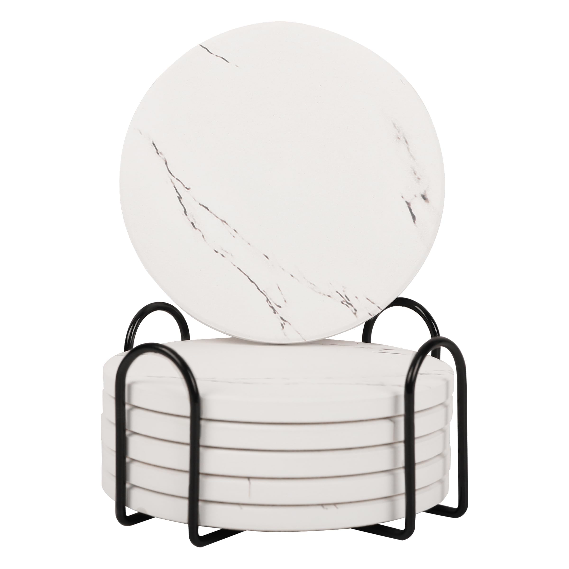 Coasters Set of 6, White Marble Coasters Ceramic Absorbent Round, with Cork Base and Holder for Women Men, Various Cups, Tables or Home Decor, 4in