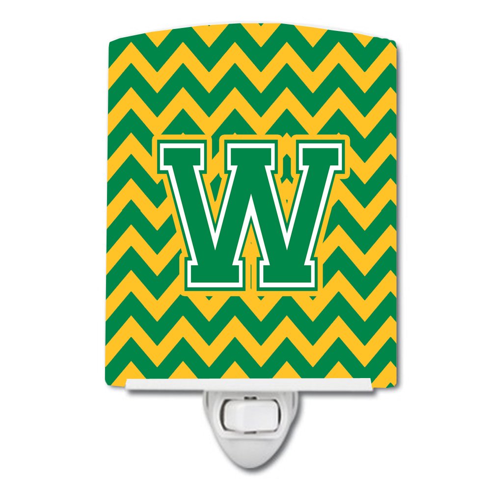 Caroline's Treasures CJ1059-WCNL Letter W Chevron Green and Gold Ceramic Night Light Compact, UL-Certified, Ideal for Bedroom, Bathroom, Nursery, Hallway, Kitchen, 6x4x3, Multicolor