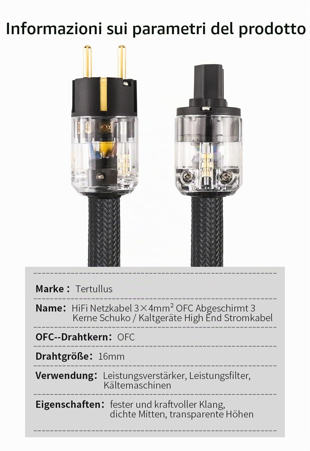 Tertullus HiFi - Cavo di alimentazione High End C15, cavo di alimentazione HiFi audio, con spina Schuko e spina per dispositivi freddi (P029, 1,5 m)