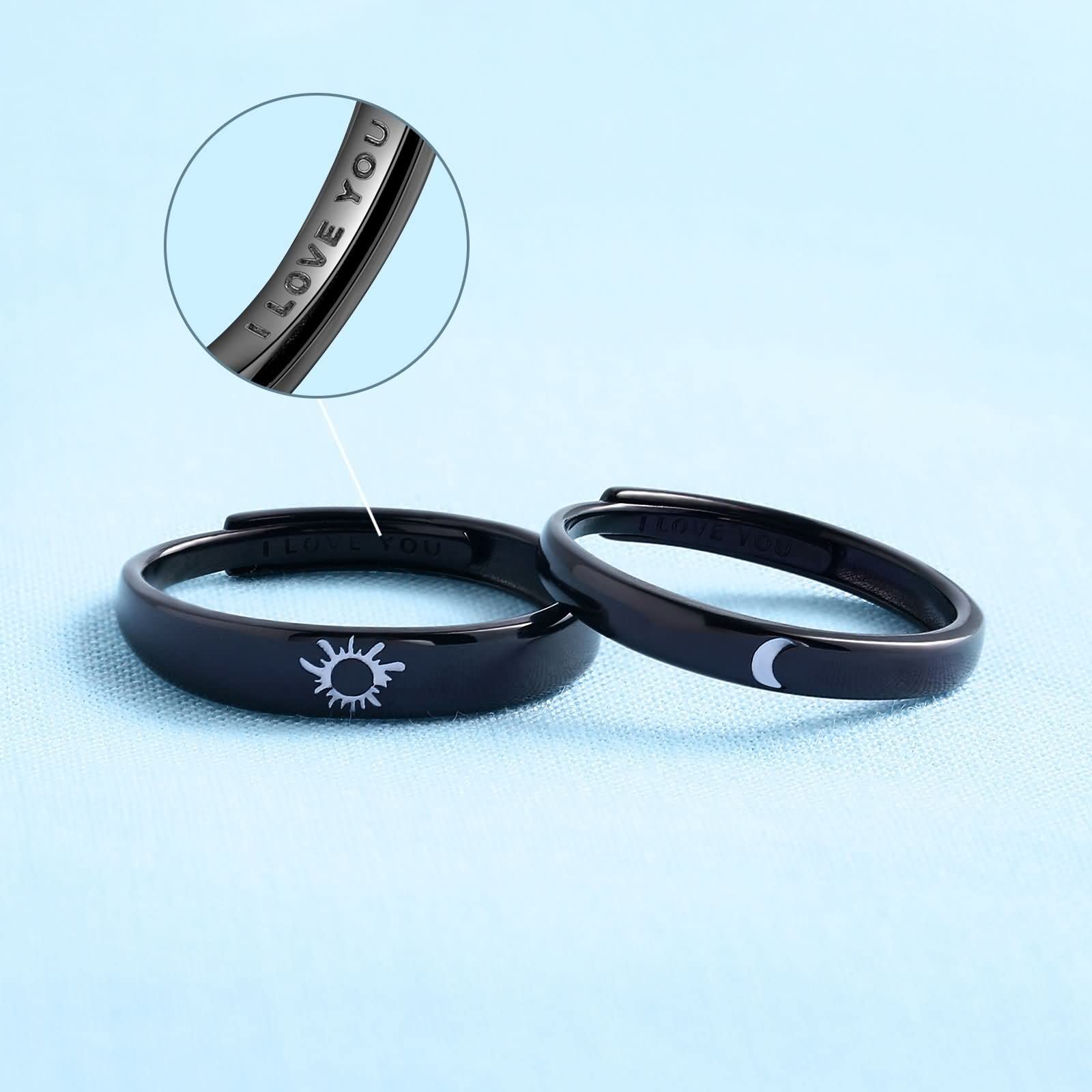 Beydodo 1Par Anillo Pareja Ajustable Plata de Ley Redondo Grabado Luna Sol Anillos de Compromiso de Plata