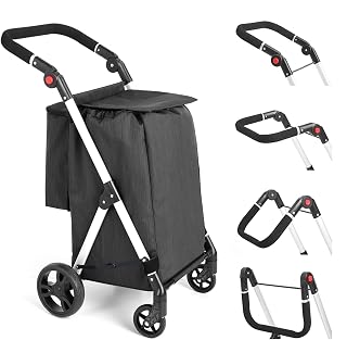 LEUYA ABC - Carro de compras (46 L, 4 ruedas, con bolsa isotérmica, plegable, asas ajustables, ligero de aluminio, color negro