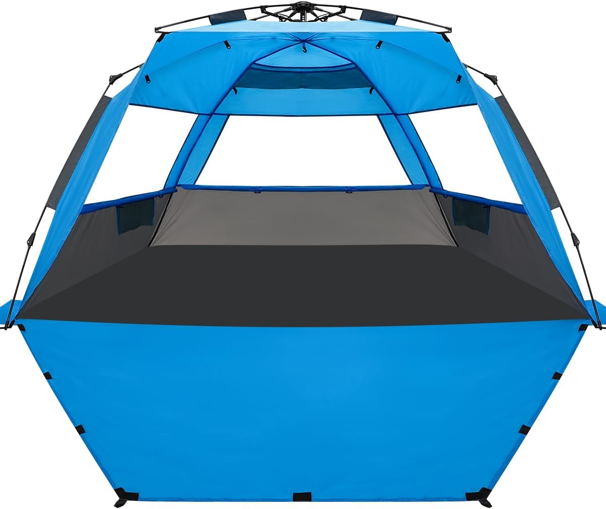 WhiteFang Deluxe Pop Up Beach Tent Sun Shade Shelter for 3-4/5-6 Person, UV Protection, Extendable Floor with 3 Ventilating Windows Plus Carrying Bag, Stakes, and Guy Lines Gray Blue X-Large