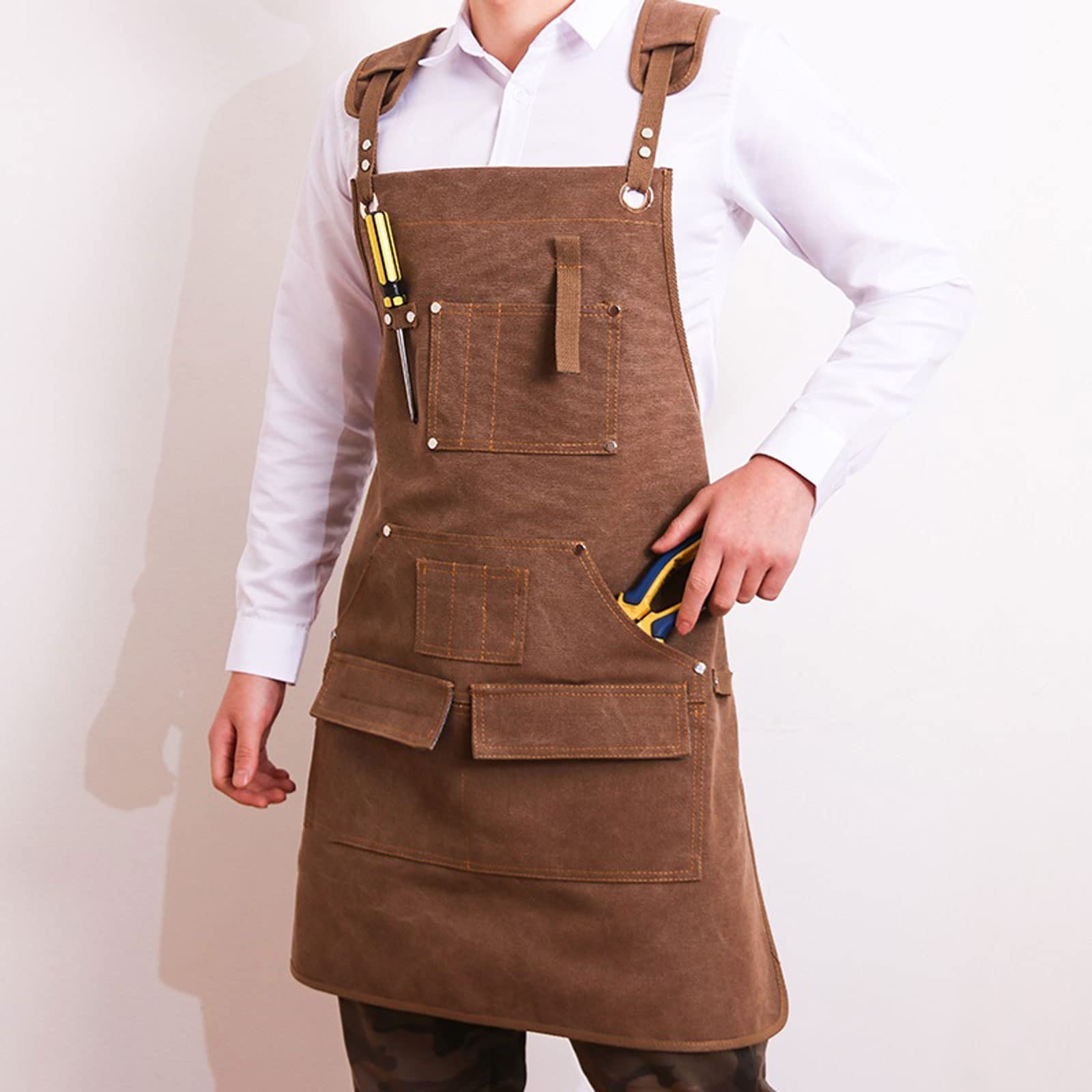 Delantal de Lona de algodón para Hombre y Mujer, Ajustable, de Cuero, para hoteles, restaurantes, cafeterías, barberías, despensas y camareros (Amarillo)