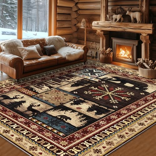 LOKHOM Area Rugs 5x7 Washable Non-Slip, Western Rug Buffalo Bear Decor Vintage Distress for Living Room Bedroom Dining Room, Indoor Soft Low Pile Rustic Area Carpet Bear Rug