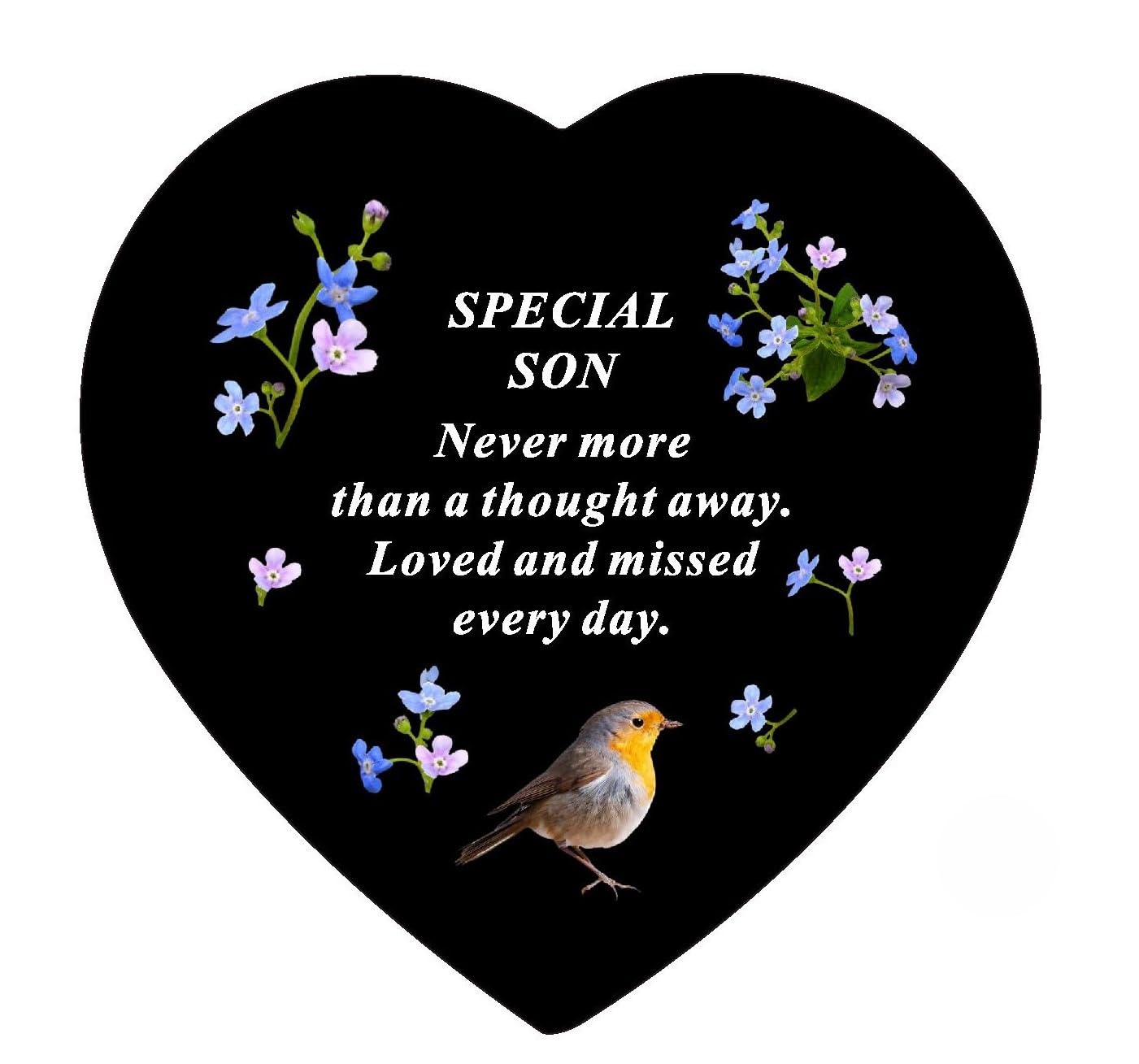 Son Memorial Heart Plaque – Graveside Ornament with Robin & Forget-Me-Not Design