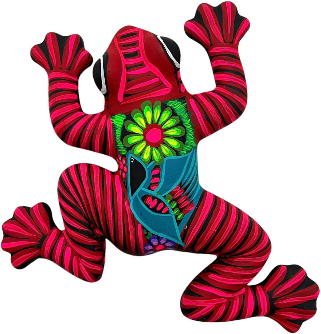 Talavera Frog Sculpture Climbing Mexican Pottery Gurerro Folk Art Multicolor Home Decor Handmade Hand Painted Indoor Outdoor Garden 12" (Magenta Multi)
