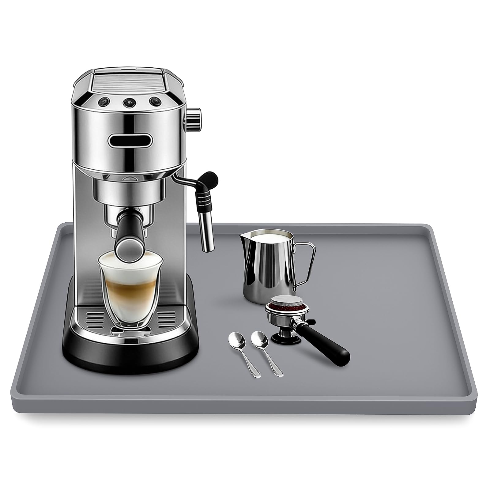 Silicone Coffee Maker Mat with Lip for Countertops, 15.7'' x 11.8'', Grey