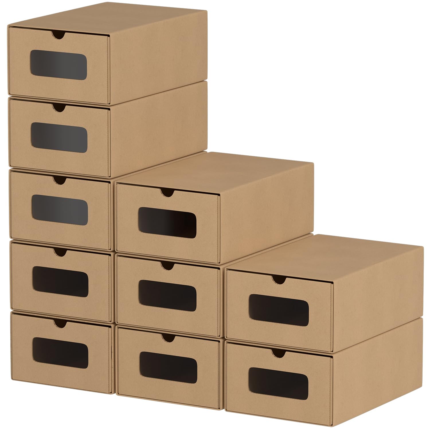 20 cajas de almacenamiento para zapatos, color marrón claro, con ventana, plegables, apilables, cajas para zapatos, cajón, cajas multiusos de cartón kraft para hasta la talla 45