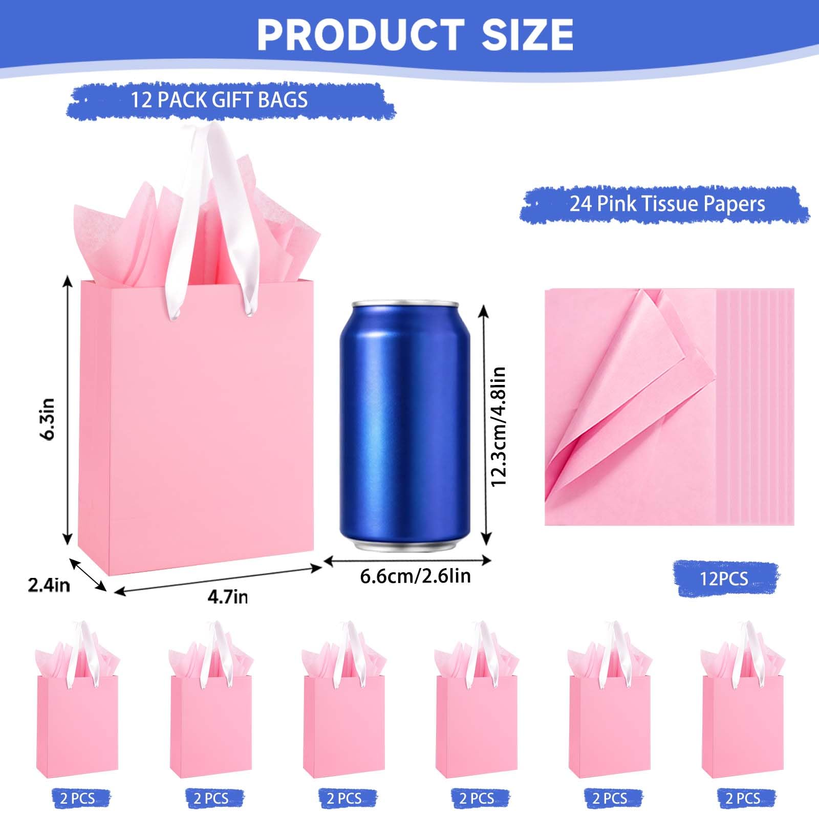 Ethhqu 12-Pack Small Pink Gift Bags with Handles - Includes 24 Tissue Papers, 6.3x4.7x2.4 Inches Mini Gift Card Bag for Birthday Party, Baby Shower, Wedding, Holiday