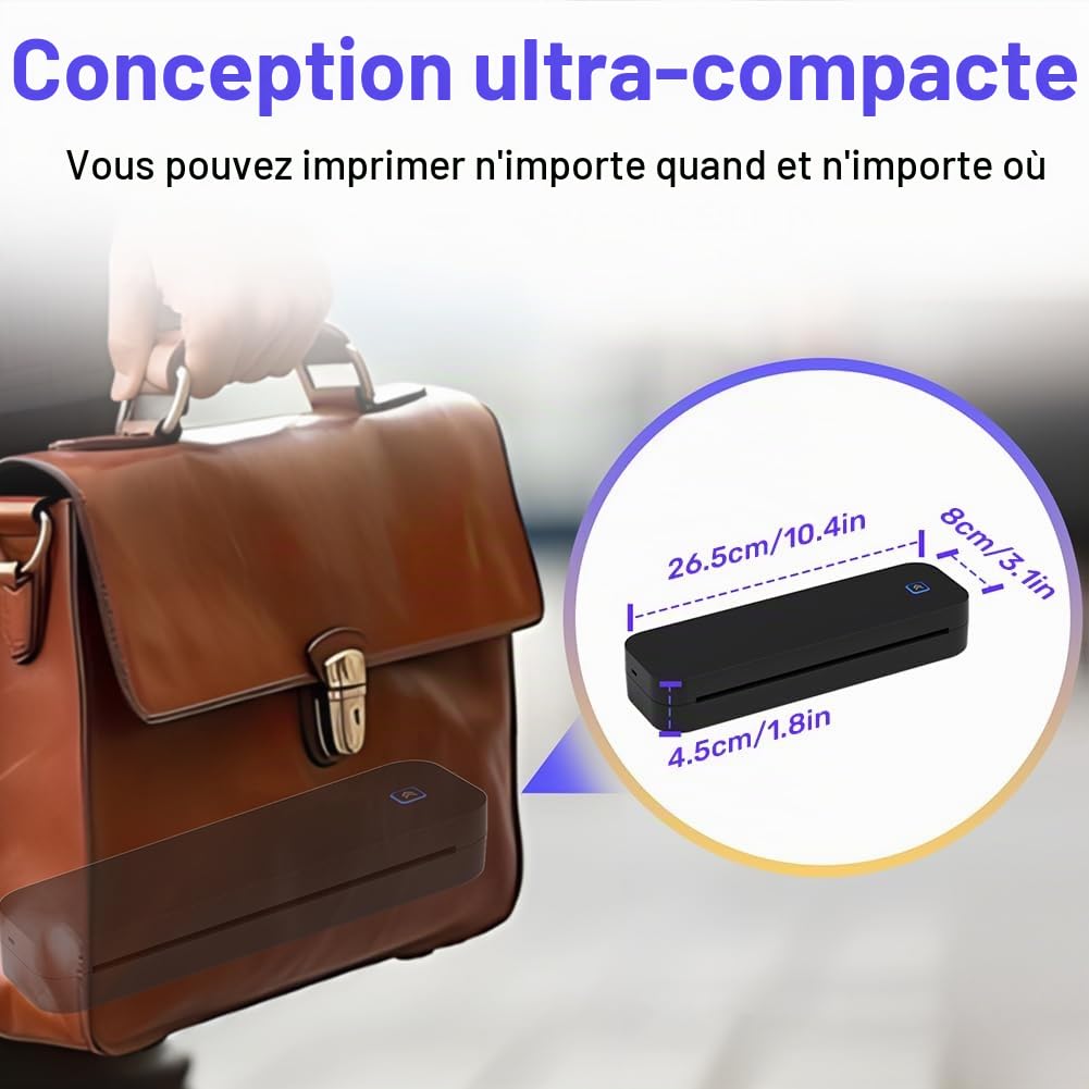 OFFCUP Imprimante Thermique A4, Imprimante Portable, Imprimante Tatouage, Imprimante sans Encre Bluetooth Compatible Android et iOS pour Bureau, Voyage, étude, Maison-Noir