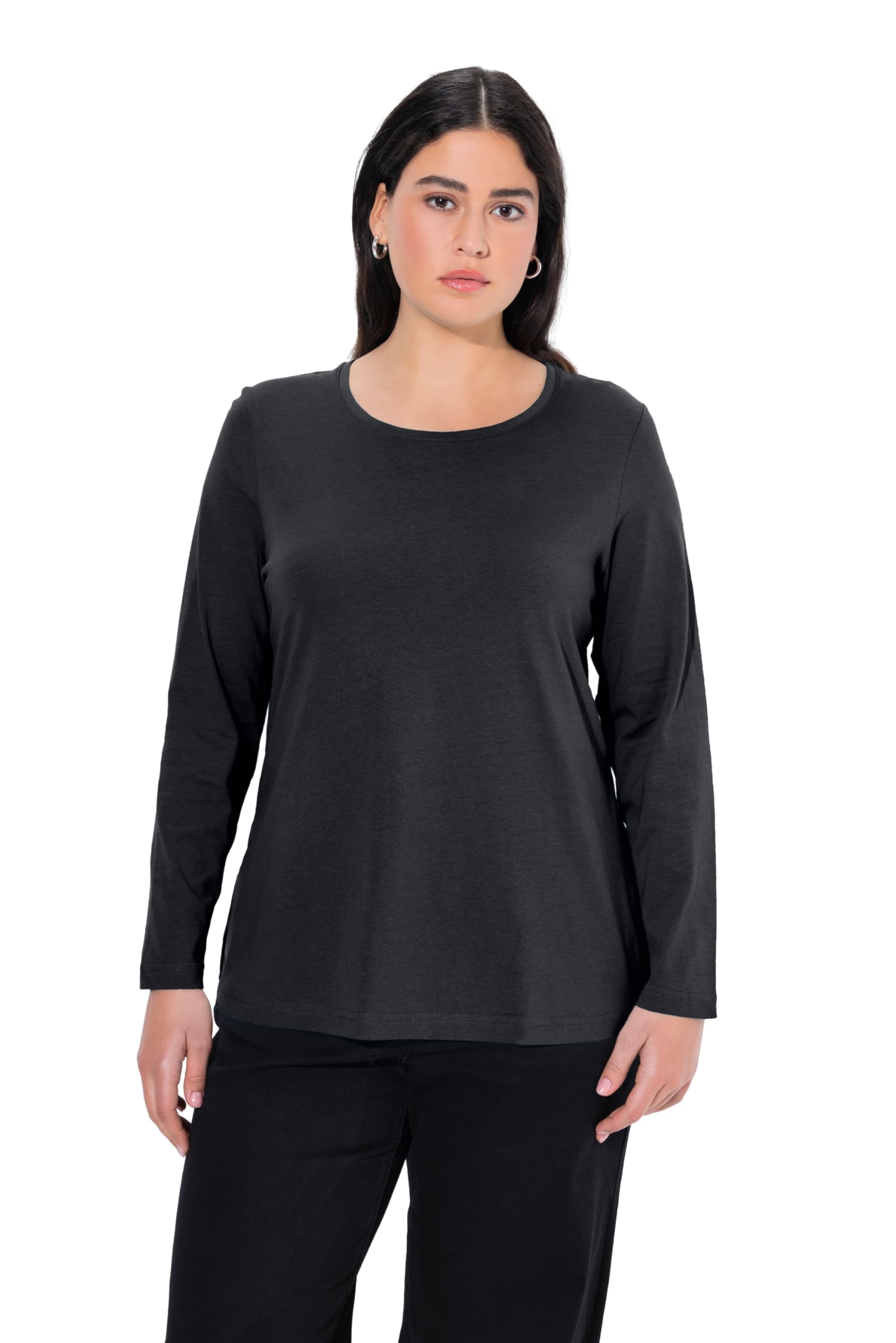 Ulla Popken Womenswear Plus Size Curvy Oversize Slim Fit Long Sleeve Cotton Tee Black 46+ 646801 10-46+