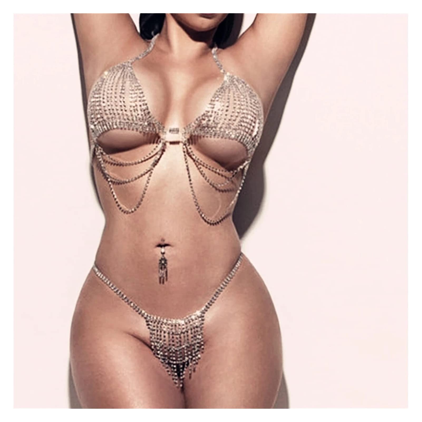 Body Chain Damen Kette - Goldfarbene einfache Strandkette mit Kreuzband für Taille und Bauch - Schwarze Harnaskette - Edler Schmuck für Damen - Accessoires