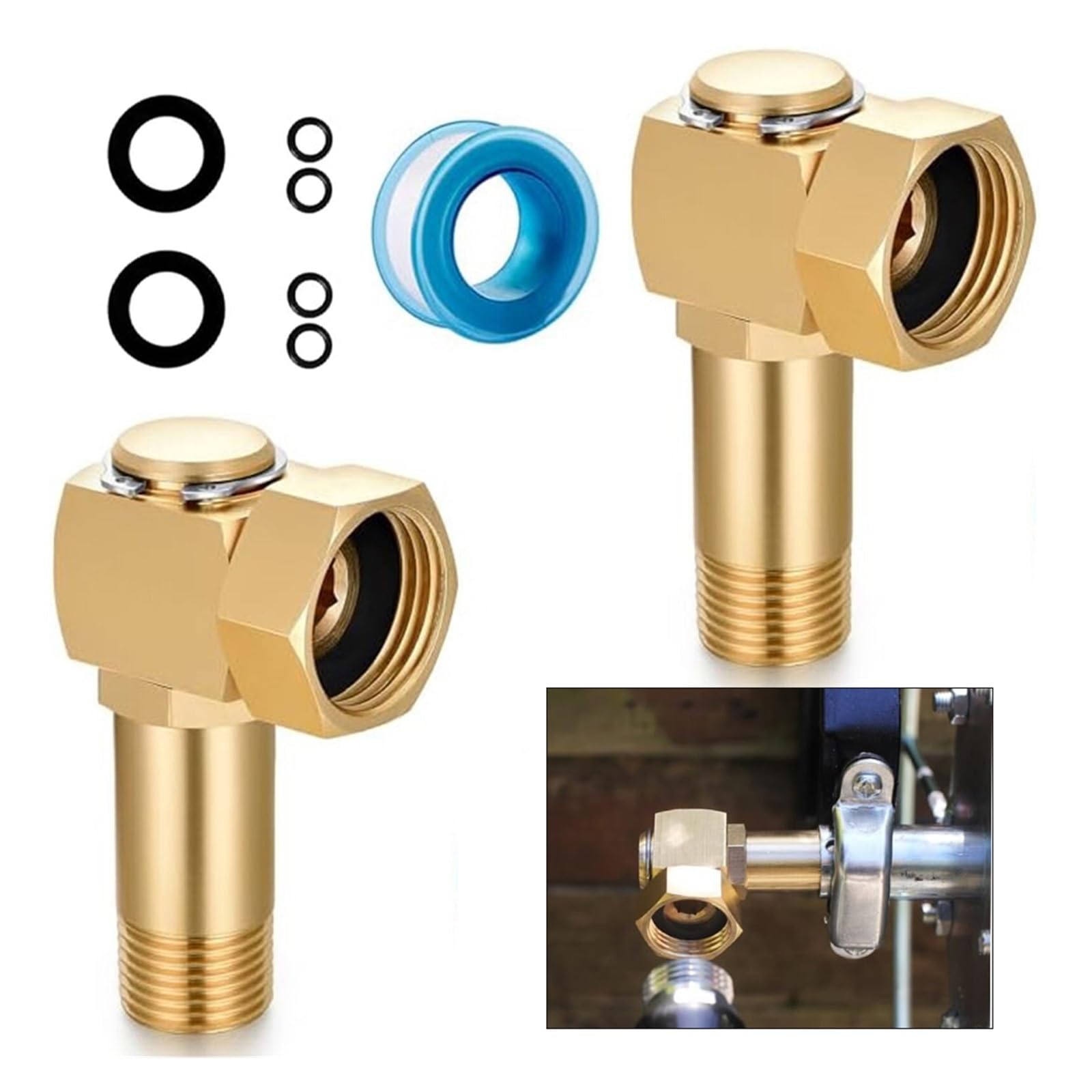 Conector de carrete de manguera de jardín, adaptador de codo giratorio de 3/4 pulgadas GHT a 1/2 NPT macho con arandelas adicionales y cinta de sellado(2PCS)