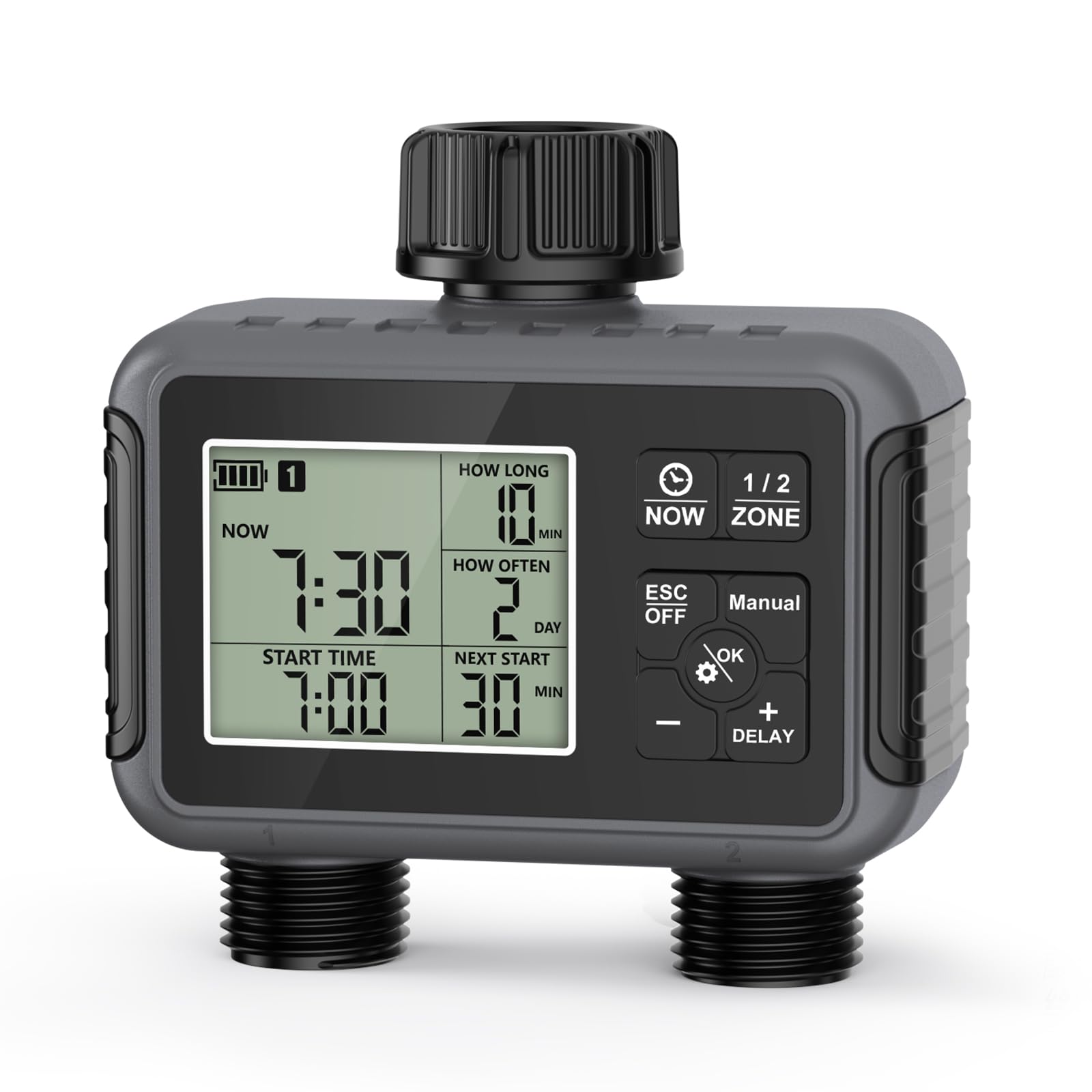 Haozee Ordenador de riego de 2 salidas, temporizador de riego de jardín con retardo de lluvia/modo automático y manual, IPX5 resistente al agua/pantalla LCD grande control de riego