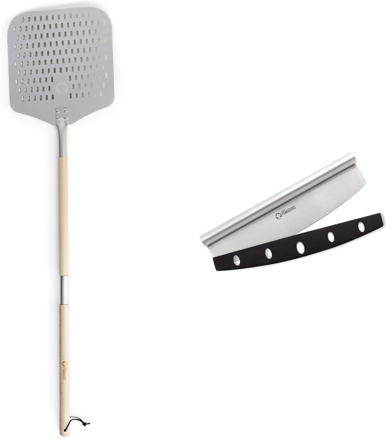 Chef Pomodoro Bundle - 12 x 14-Inch Perforated Pizza Peel Aluminum with Detachable Wood and Pizza Cutter Rocker Knife with Protective Cover Multipurpose 14 Inch Mezzaluna Chopper