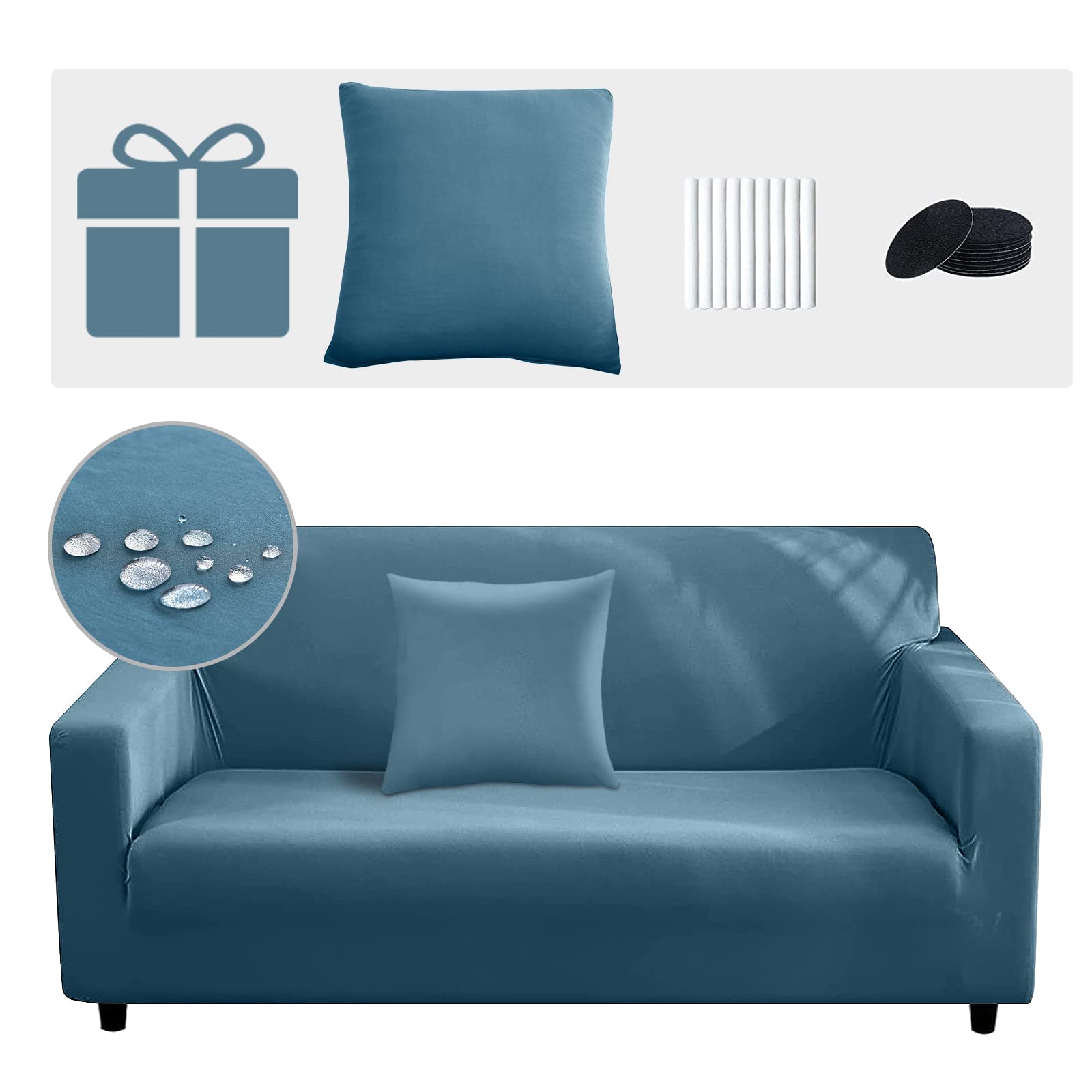 INFOSUN Stretch Sofa Slipcover, Elastic Fabric Printed Waterproof Armchair Loveseat Couch Living Room Sofa Covers Pet Protector Mat Cushion Cover with 1 Pillowcase(Light Blue, 3 seater, 74" - 90")