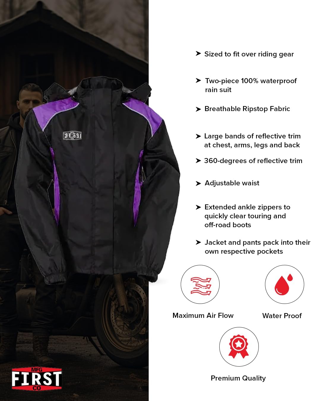 First Mfg Co – Women's Motorcycle Ripstop Rain Suit, Water Resistant, Breathable, Lightweight, Soft and Comfortable Rain Gear