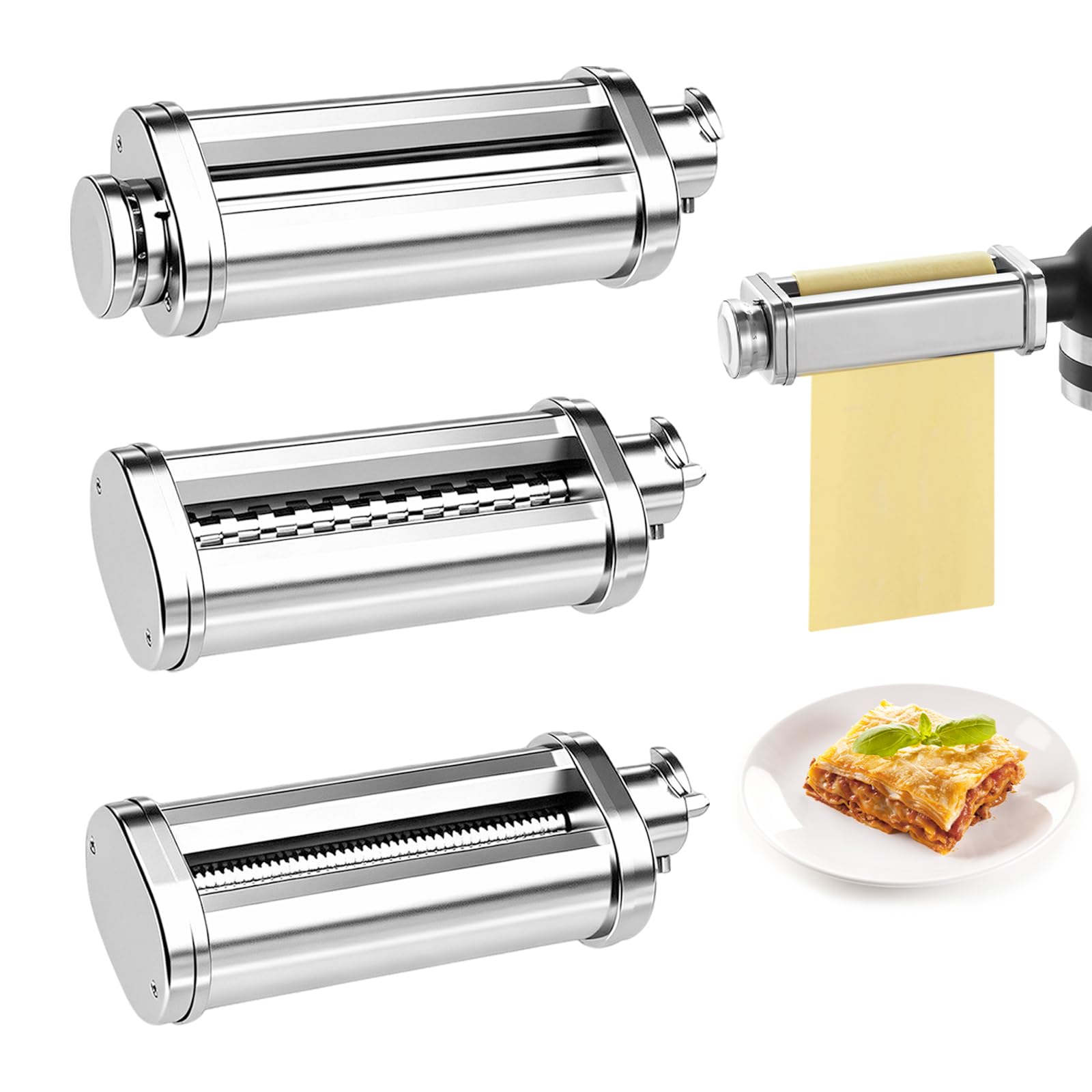 Set di accessori per la pasta, 3 pezzi, per robot da cucina Kenwood KVC/KVL, con rullo per spaghetti e fettuccine, accessorio per pasta in acciaio inox 304, con manopola, 8 spessori di impasto