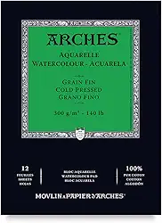 ARCHES Aquarelle 300 g/m² Grão Fino Branco Natural Bloco 14,8x21 12 Folhas.