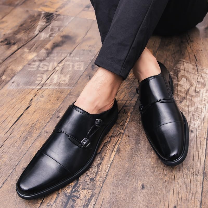 TAYGUM Formal Shoes Dress Oxford for Men Slip On Round Burnished Toe Double Monk Strap Cap Toe Oxford Shoes Non Slip Block Heel Low Top Slip Resistant(Black,9)4