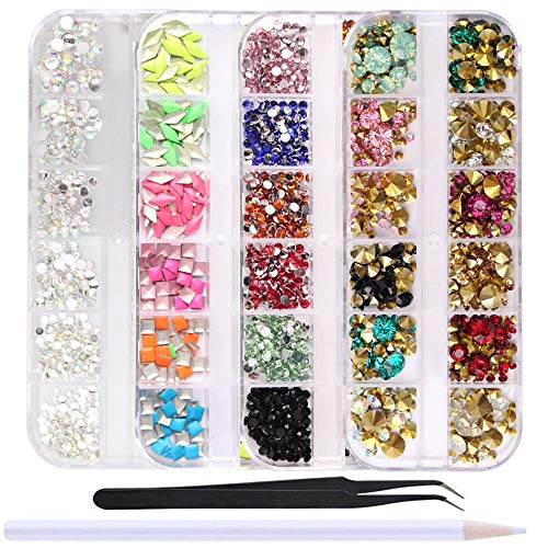 WOKOTO 4 Boxes Colorful Nail Rhinestones Flat Back Square Metal Nail Art Studs Mix-Color Rivet Nail Jewelry Decorations With 1Pc Tweezers And Picker Pencil