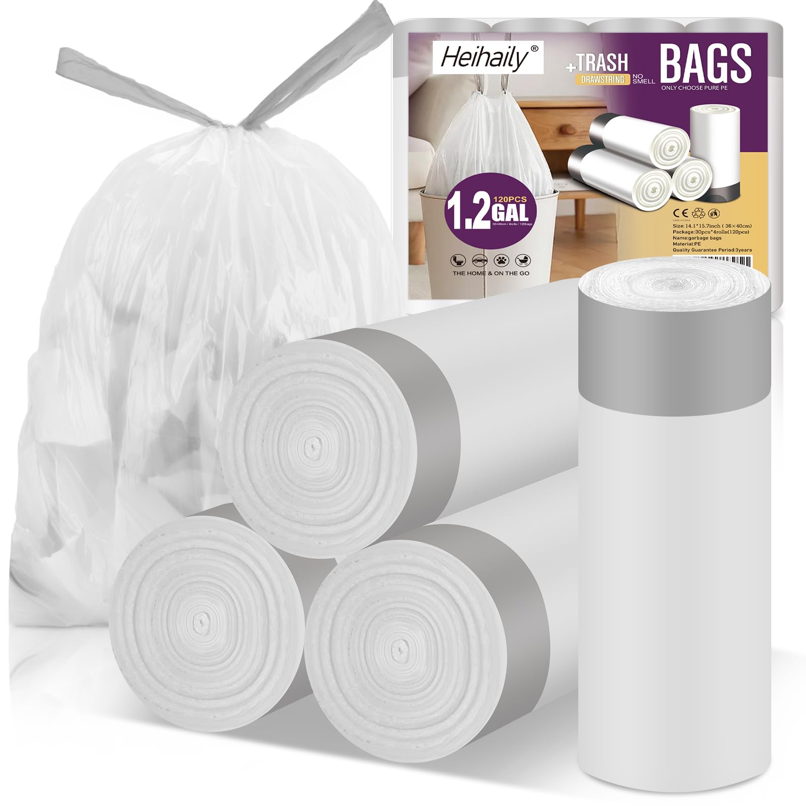 Piccoli sacchetti per bidoni della spazzatura da bagno, con coulisse, piccoli sacchetti per la spazzatura, non profumati, resistenti, in plastica, per bagno, WC, ufficio, camera da letto (3 rotoli