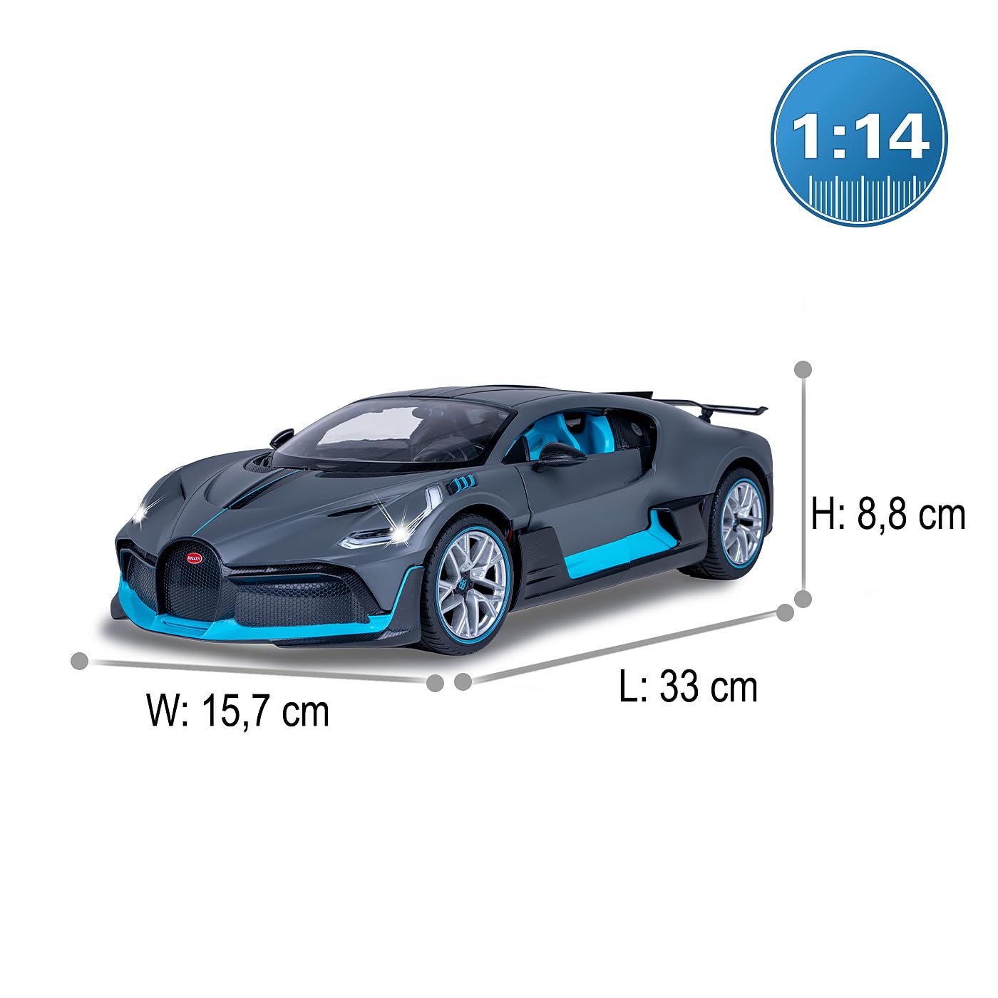 JAMARA 403131 - Bugatti Divo 1:14 2,4 GHz Drzwi ręczne, 11 km/h, wierne lakierowanie, szczegółowe wnętrze, światła do jazdy LED, drzwi można ręcznie otworzyć