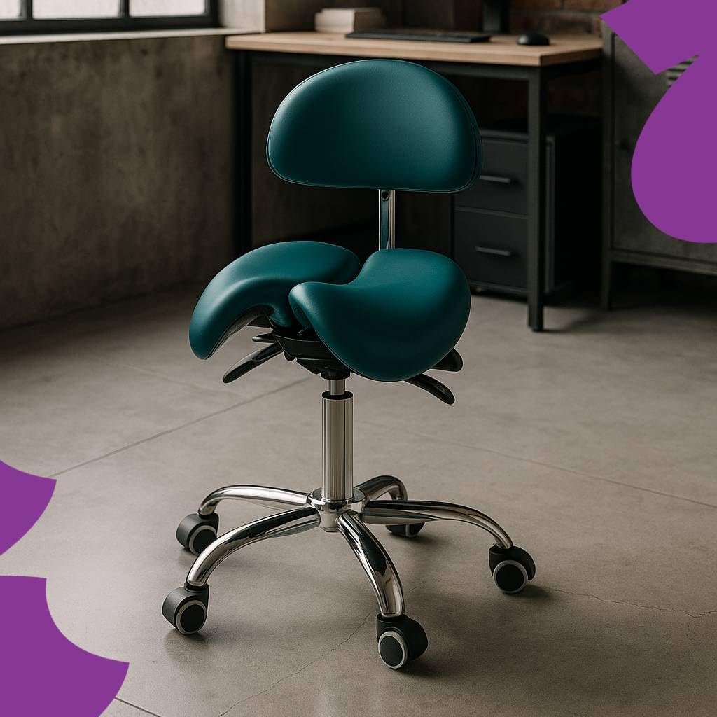 Spacetronik Sattelhocker mit Verstellbarer Rückenlehne, Zweigeteilter Ergonomischer Sattelsitz, Höhenverstellbar 50–62 cm, Rollhocker mit Metallbasis und 5 Weichrollen